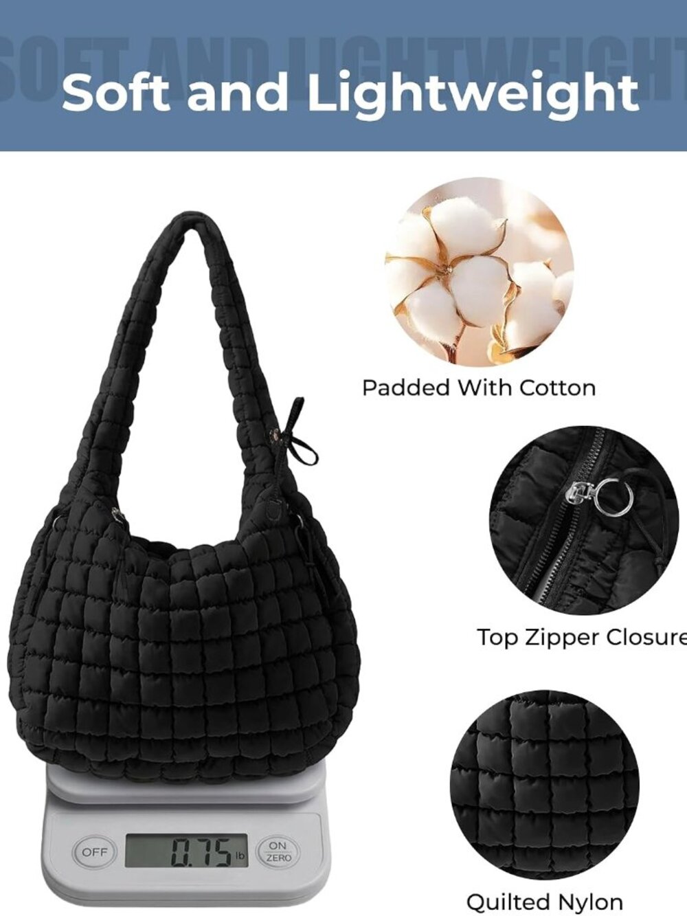Puffer Quilted Tote Bag for Women Nylon Crossbody Bags Puffy Purse Hobo Large Sh - Picture 5 of 5